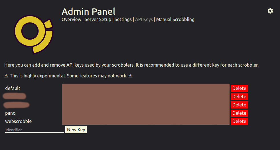 Screen showing the API Keys screen of Maloja&rsquo;s Admin Panel