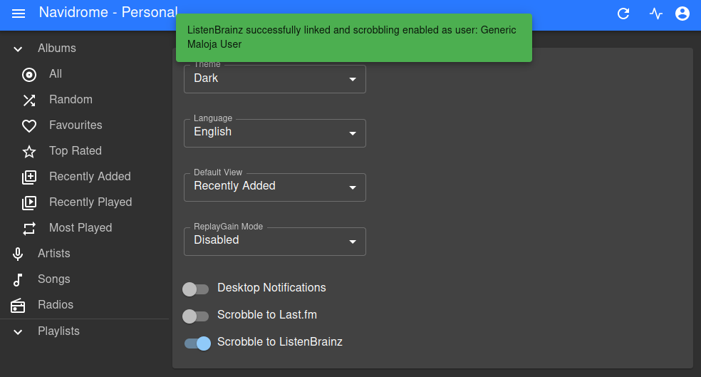 A screenshot of Navidrome&rsquo;s user settings screen with a successful login toast for Maloja.